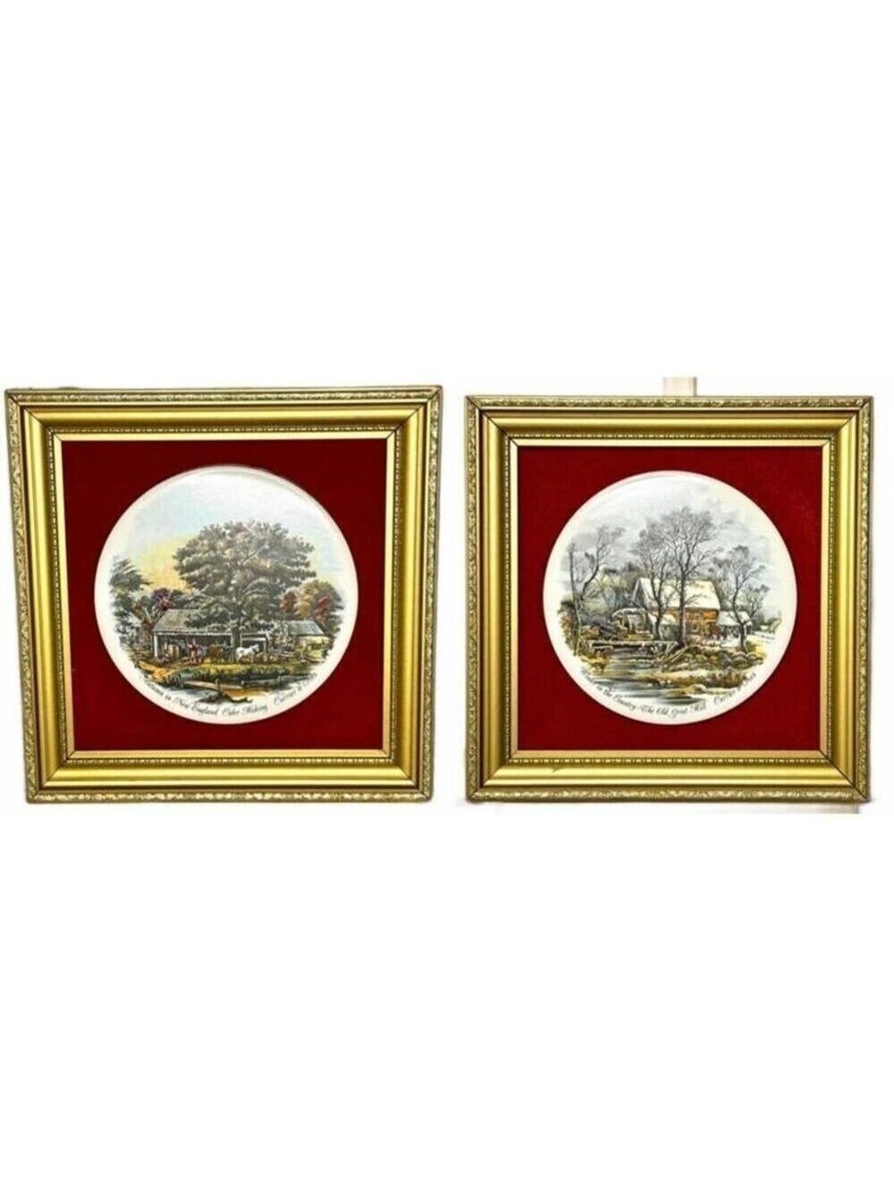 Vintage Currier & Ives Framed Porcelain Set of 2 - Autumn & Winter Plaques